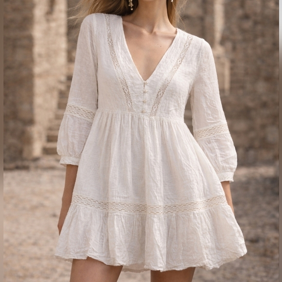 Zara Dresses & Skirts - Zara Mini Peasant Dress Size XS White Lace Detail Button Front Ruffle